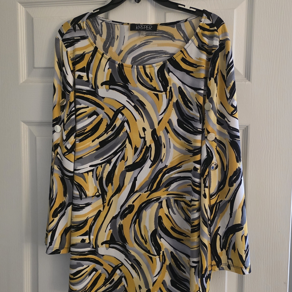 Kasper Swirl Print Long Sleeve Top — Yellow, Black & Gray